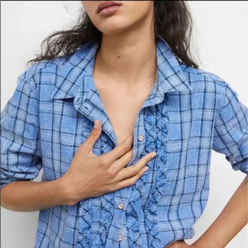 Anthropologie Blue Plaid Button-Down Shirt with Ruffle Trim